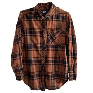 GAP Women Flannel Button Down Shirt Plaid Orange Black Size Large